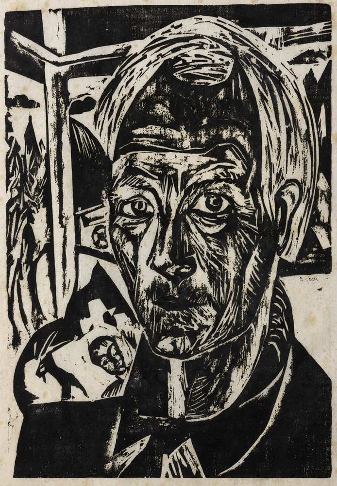 Zelfportret, met op de achtergrond zoon Frans in de wieg